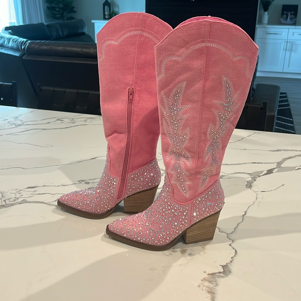 Size 8 Crystal Pink Leatherette Rhinestones Country Western Cowgirl Knee Boots